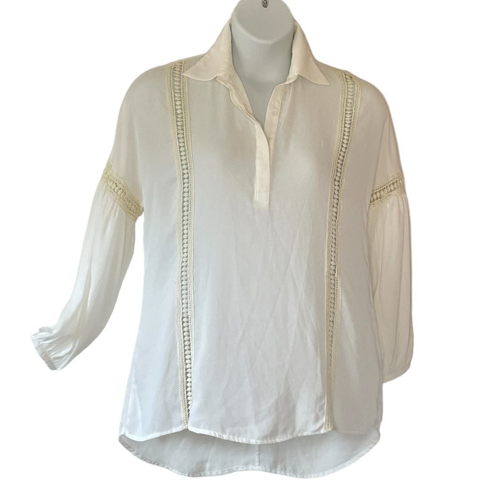 Harlowe & Graham Ivory Chiffon Crepe Tunic Popover with Crocheted Lace Size M